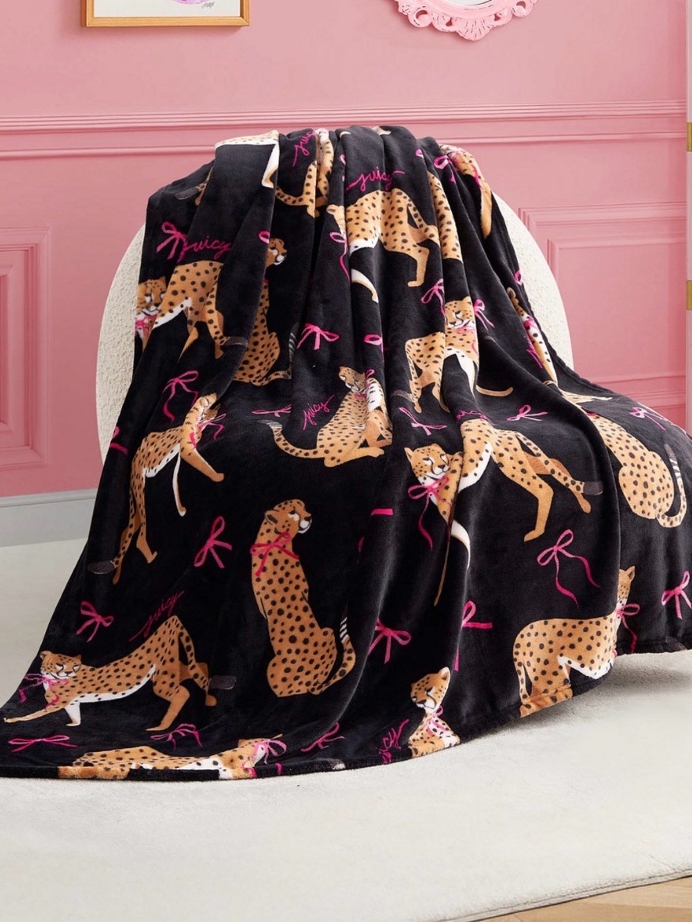 Juicy Couture Black Leopard Print Plush Throw with Pink Accents